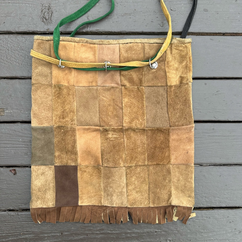 Vintage 70s Suede Patchwork Drawstring Purse W/ F… - image 5